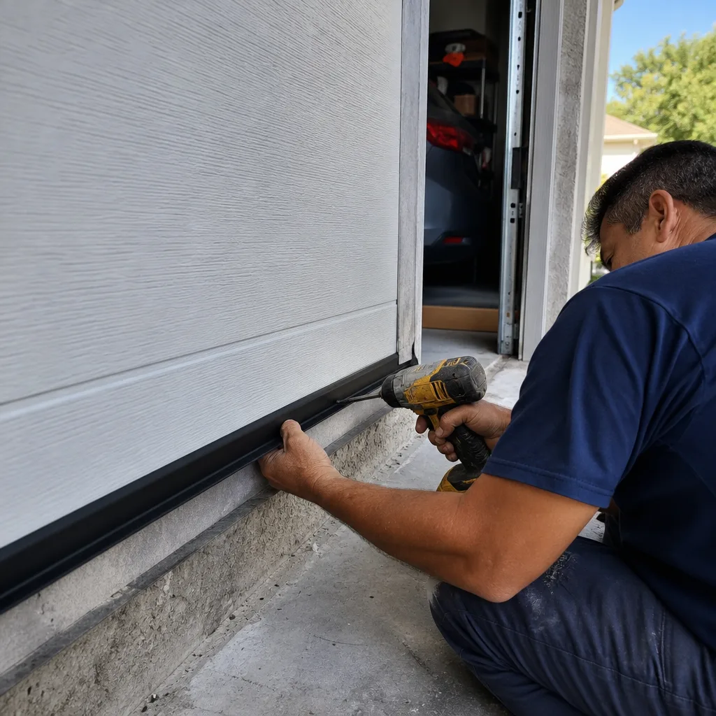 Technician using a power drill to install garage door bottom weather seal