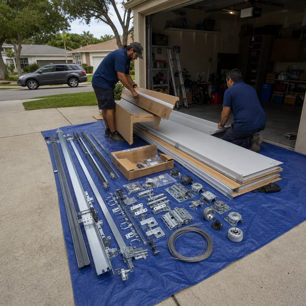Two technicians organizing garage door installation parts on a blue tarp.