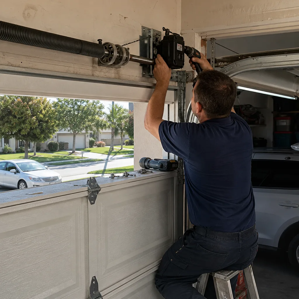 Technician performing professional garage door opener repair in a residential garage nationwide