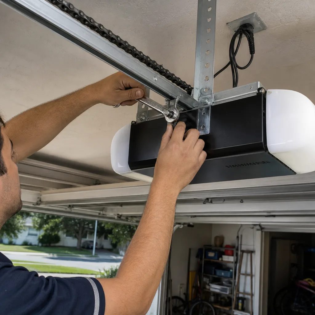 Technician performing professional garage door opener repair using a wrench nationwide
