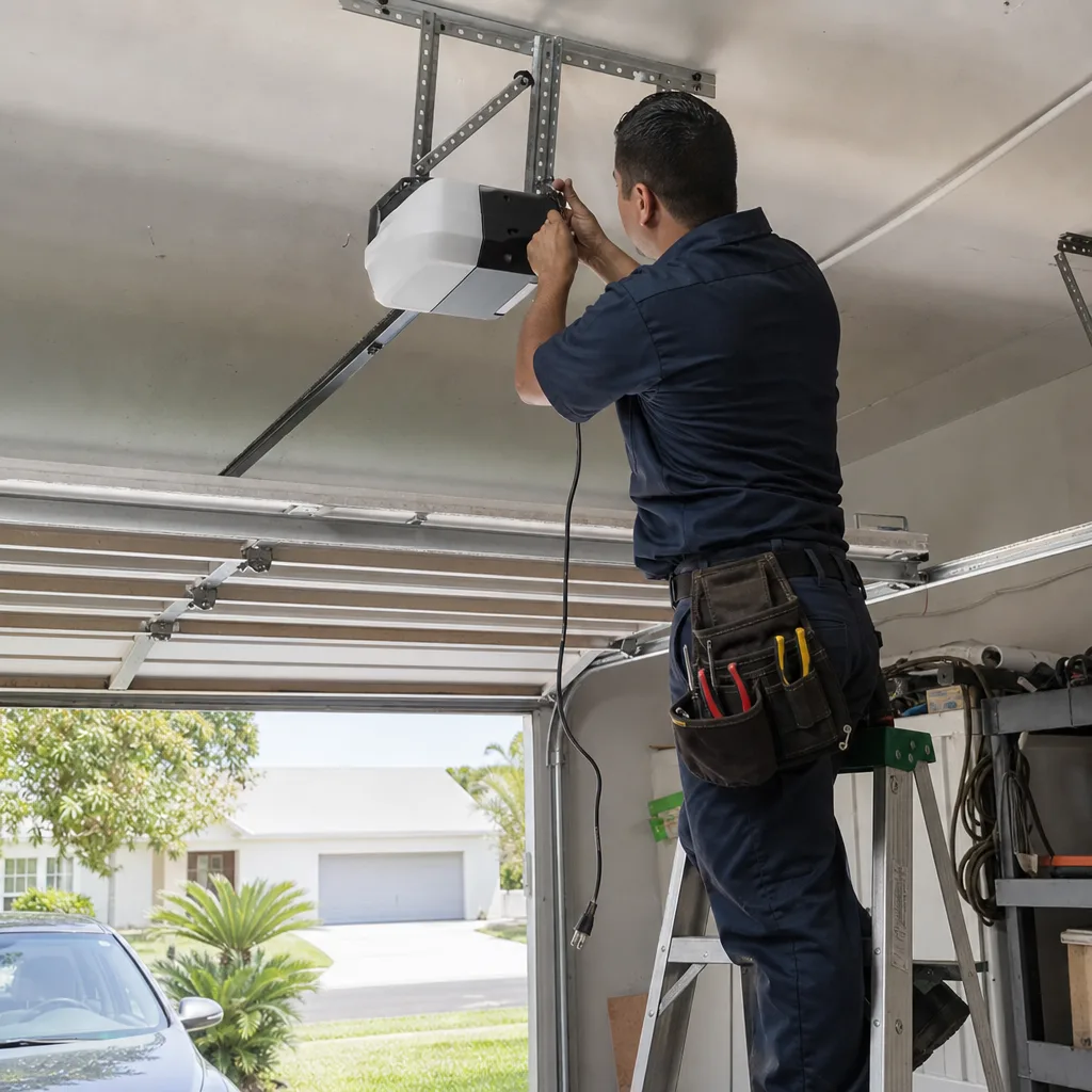 Technician performing professional garage door opener repair in a residential garage nationwide