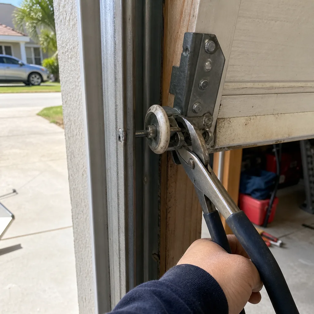 Technician performing garage door roller maintenance and repair